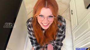 redhead GLASSES BLOWJOB finish cum mouth at 9.41, BLUE EYES Elly ...